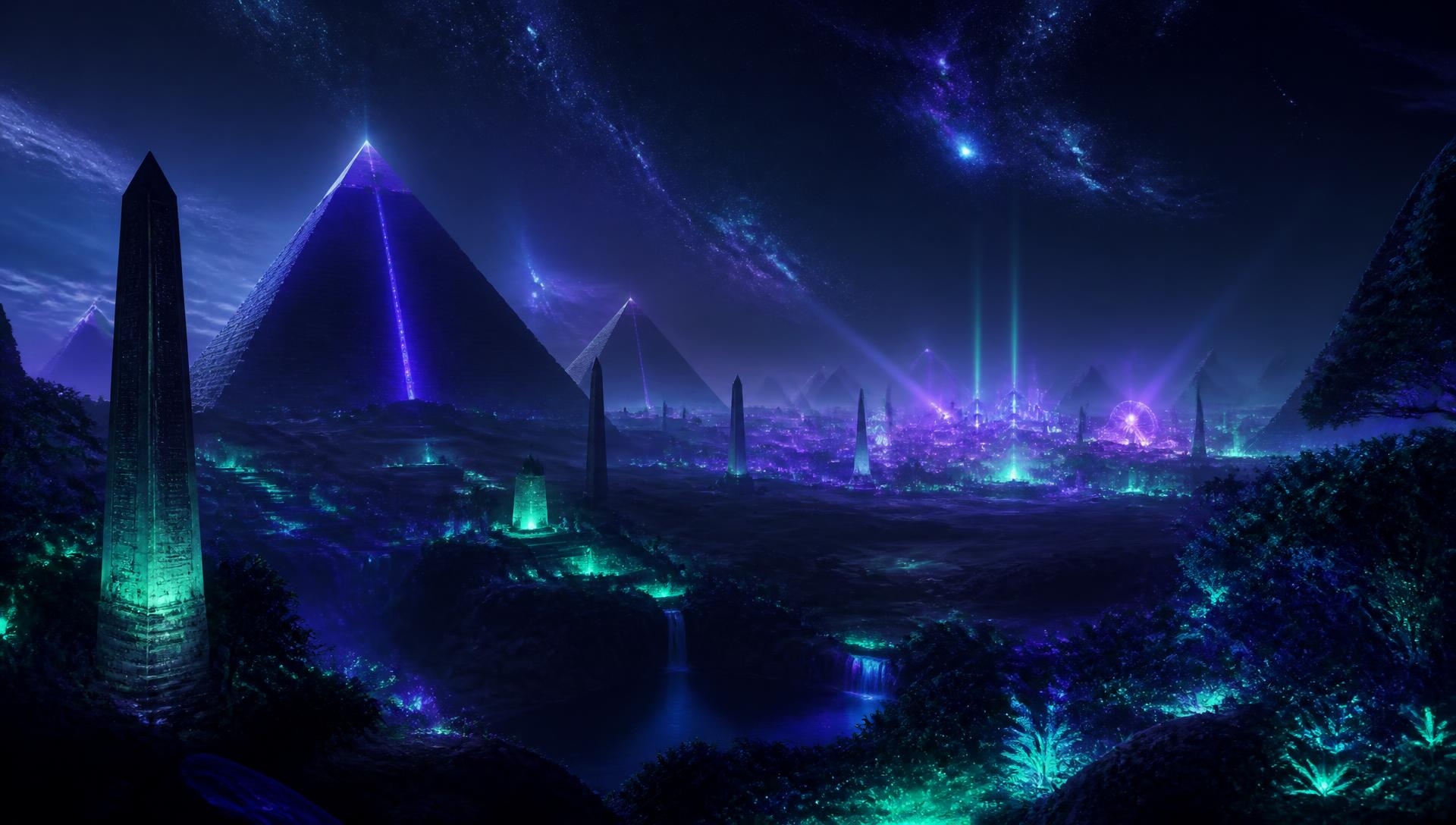 Neon-lit pyramids, festival city and bioluminescent forest under a nebula